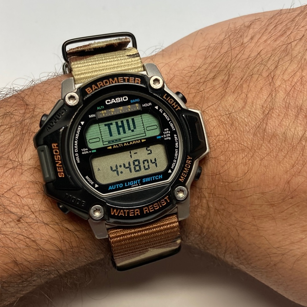 Casio PRT-20 Vintage digital watch, new battery, light works, desert camo nato